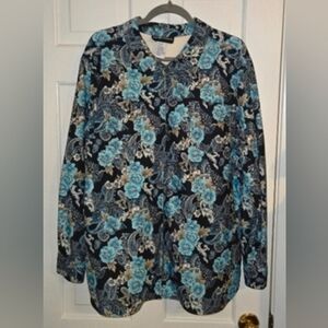 Sag Harbor Blue Floral Blouse/Cardigan Full Zip Up With 2 Breast Pockets